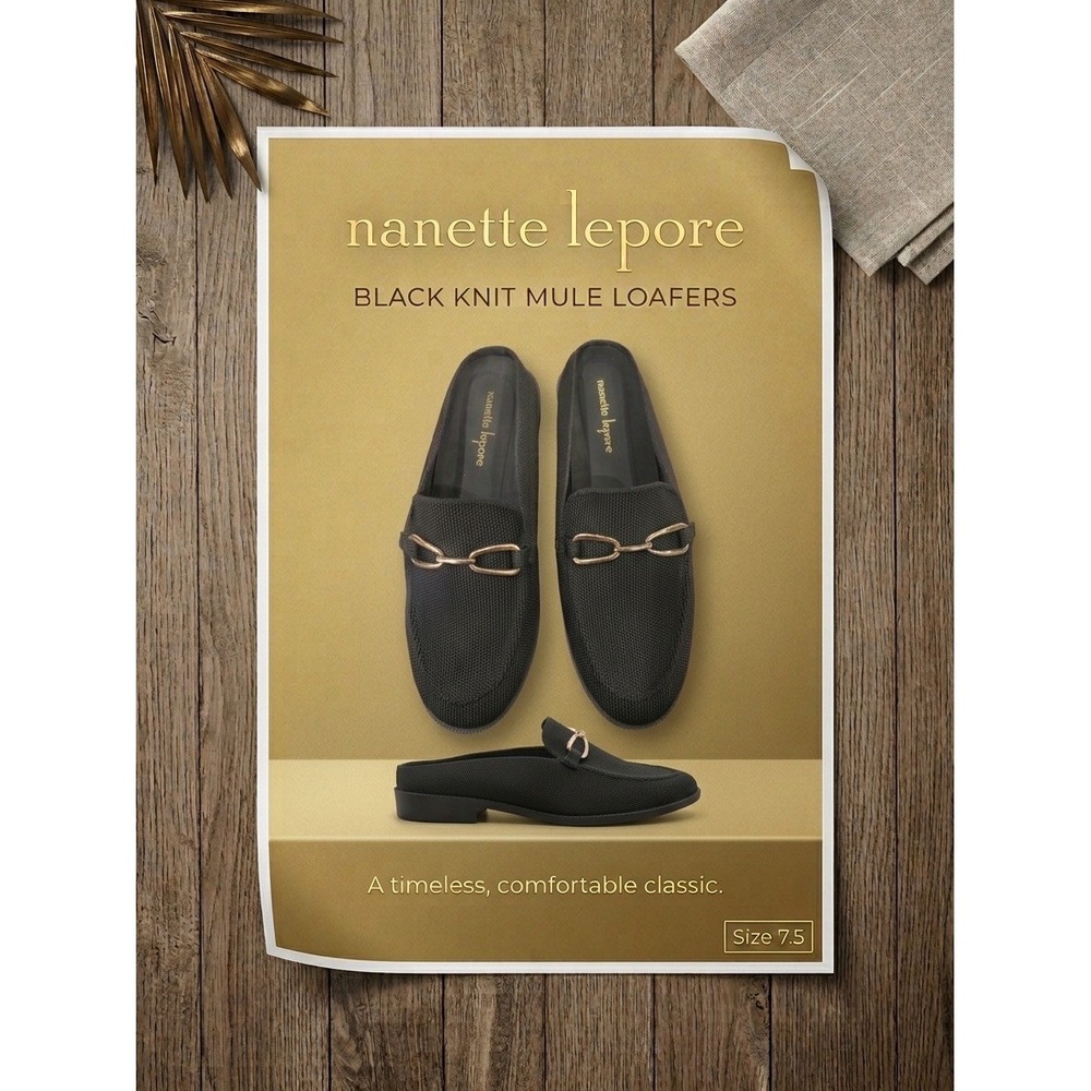 Nanette Lepore Vienna Black Knit Mule Loafers Gold Chain Bit Slip On Shoes 7.5